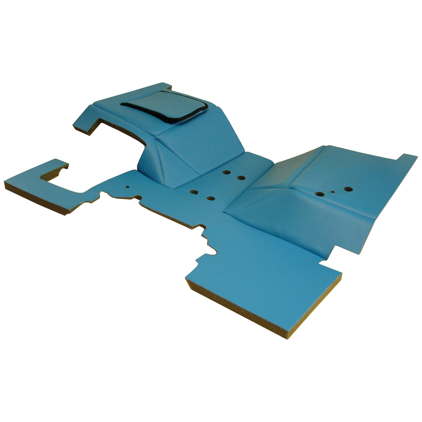 The Underseat Panel Trim by Sparex (Part No. S.101475) is a blue floor mat designed with a custom-cut shape and several cutouts and folds, making it perfect for fitting into vehicles like the Ford 10 Series.