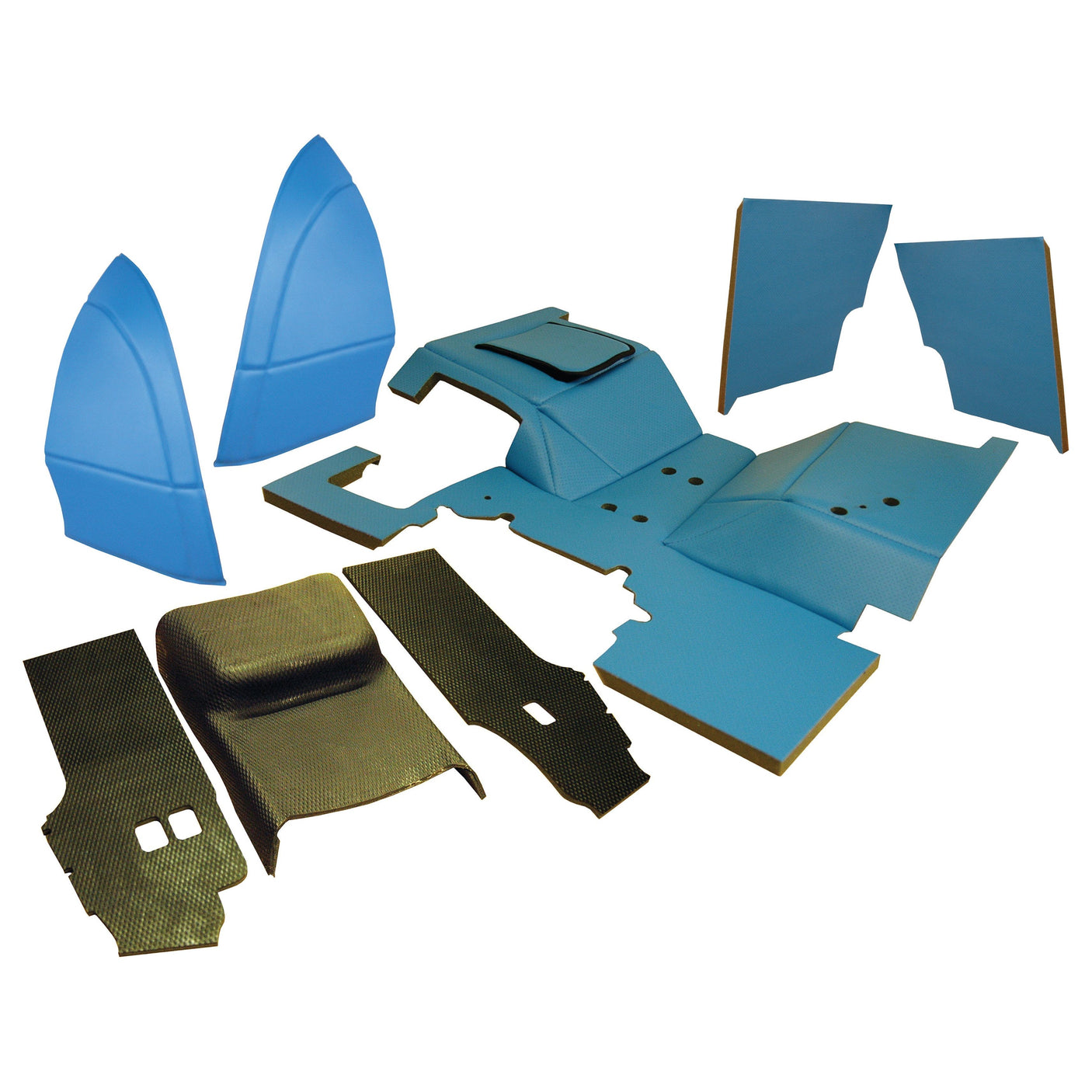 Complete Trim Kit (Sparex Part No. S.101479) by Sparex for Ford New Holland 2610 and 3610 tractors, featuring assorted blue and black vehicle interior trim panels and components, laid out on a white background.