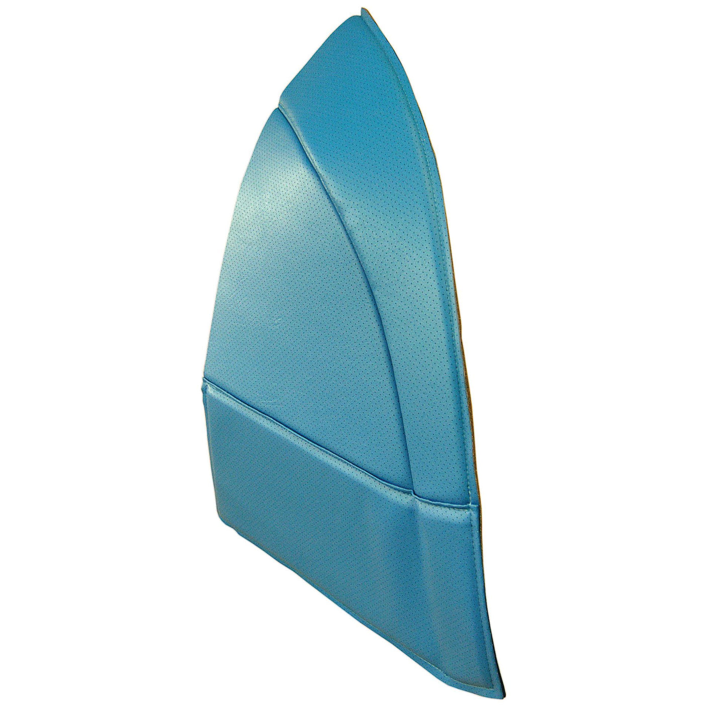 A blue, padded, triangular cushion with detailed stitching, resembling the elegant style of a Sparex Fender Pad Trim LH | Sparex Part No.S.101483, standing upright on its base.