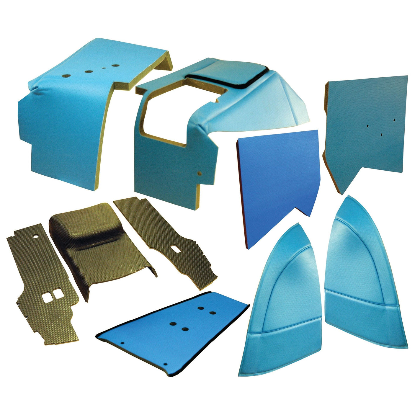 The Complete Trim Kit (Sparex Part No. S.101484) from Sparex, featuring various blue and dark panels and parts, is arranged in a geometric display suggestive of automotive or industrial components, potentially for Ford or New Holland machinery.