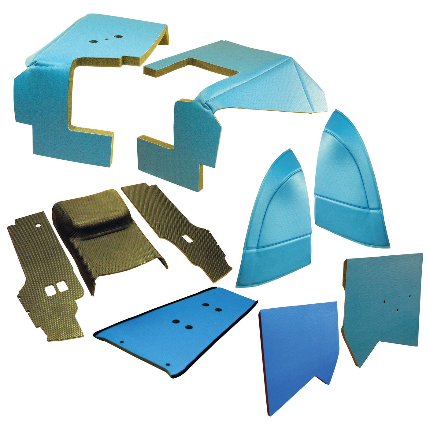 Various blue and black automotive body panels and parts from the Complete Trim Kit by Sparex (Part No. S.101485) arranged on a white background.