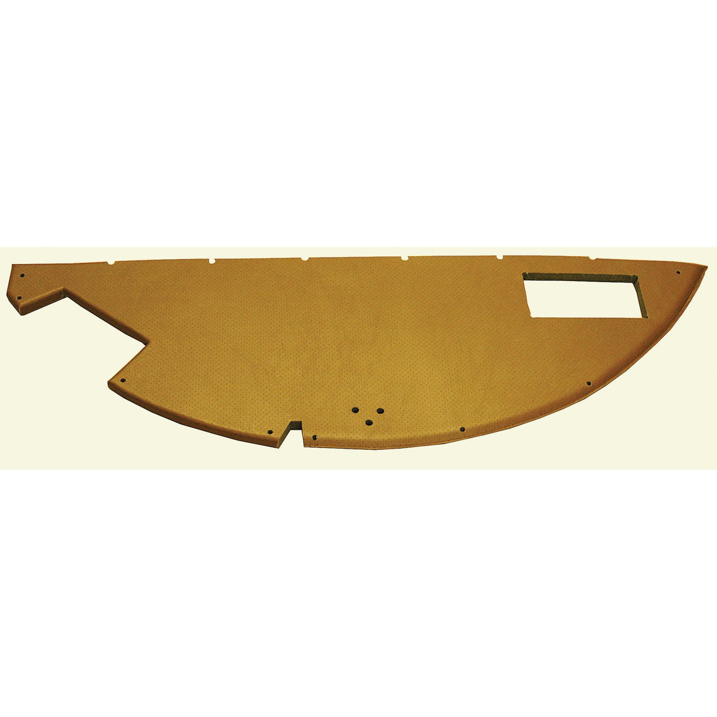 The tan-colored, semicircular Sparex Roof Lining Front Trim (Sparex Part No. S.101495) features a rectangular cutout on the upper right and several small holes near the center, making it ideal for use as John Deere roof lining front trim.