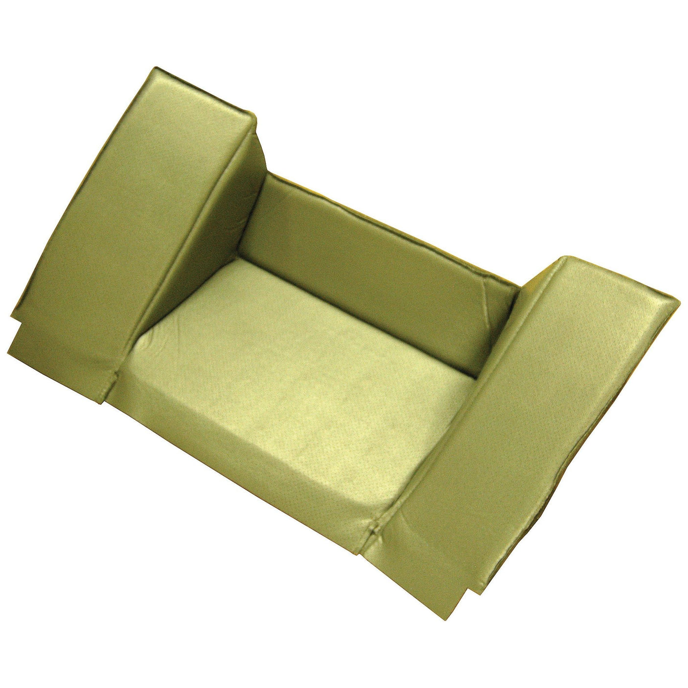 Minimalistic, olive green foam couch featuring side armrests and a backrest, reminiscent of the sturdy build seen in Massey Ferguson machinery; designed with the robust quality of Sparex's Back Panel Trim (Sparex Part No. S.101532).