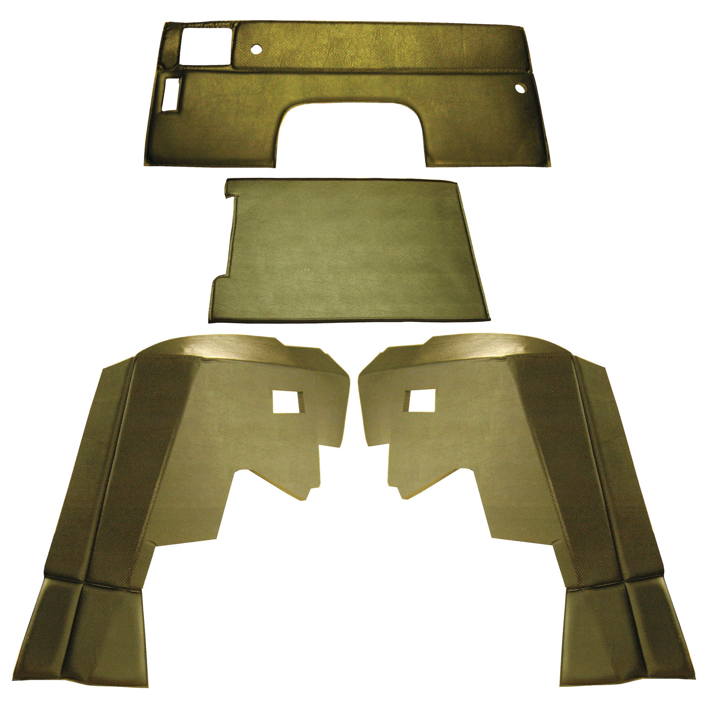 The Complete Trim Kit for one Door (Sparex Part No. S.101539) includes five olive-green cut-out components arranged on a white background, featuring four uniquely shaped parts and one rectangular piece, making it ideal for OEM part replacement in Massey Ferguson 550 models. These high-quality pieces meet Sparex standards.