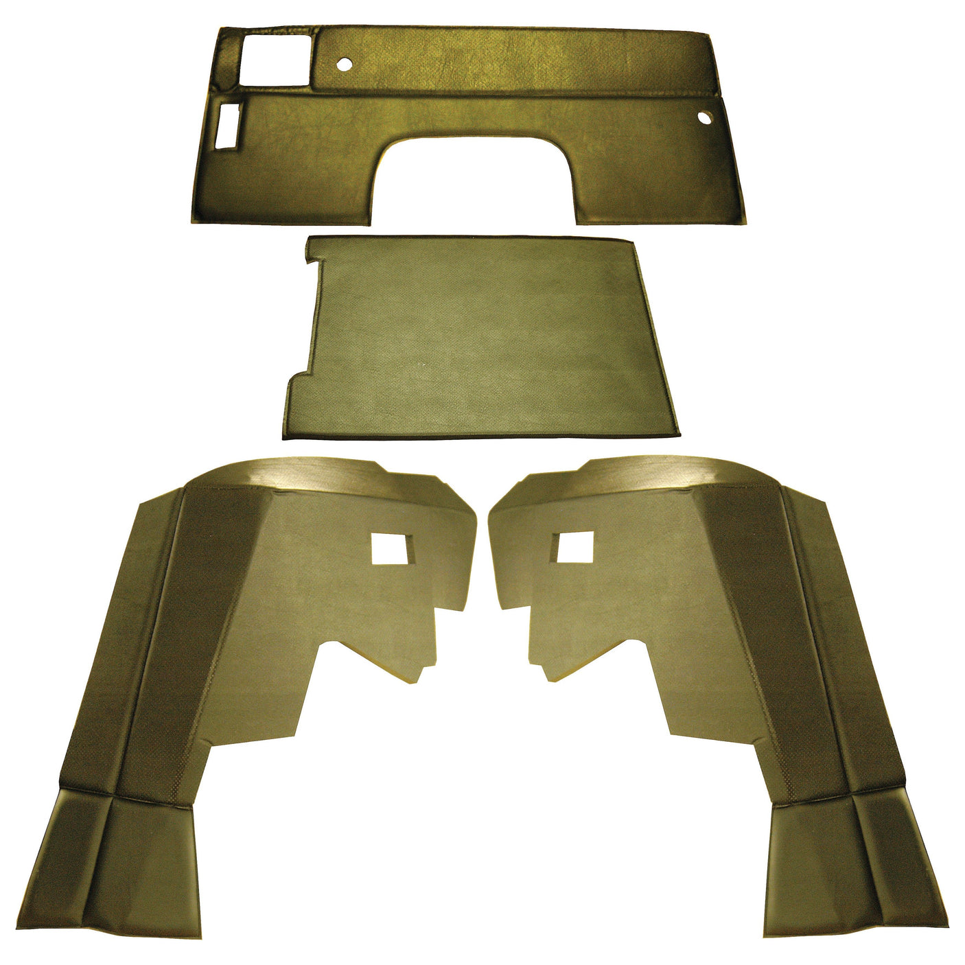 The Complete Trim Kit for two Doors (Sparex Part No. S.101540) from Sparex for the Massey Ferguson 550 includes four pieces: a rectangular piece, a square piece, and two identical side pieces with angular features and cutouts. Detailed product specifications are available through Sparex.