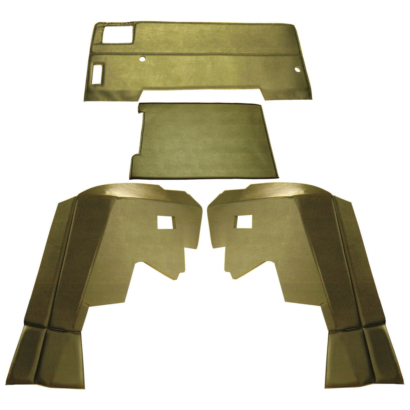 Four olive-green components, likely vehicle interior parts from a Massey Ferguson model, are laid out on a white background. The items appear to include a dashboard cover and other interior trim pieces. One piece is marked with the Sparex code S.101542, indicating it is part of the Complete Trim Kit for two Doors by Sparex.