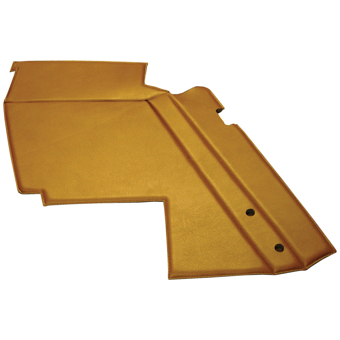 The Side Trim Panel LH | Sparex Part No.S.101548, a yellow rectangular mat with raised contoured edges and rivet-like buttons on one side, is ideally suited to complement Massey Ferguson equipment seamlessly under the Sparex brand.