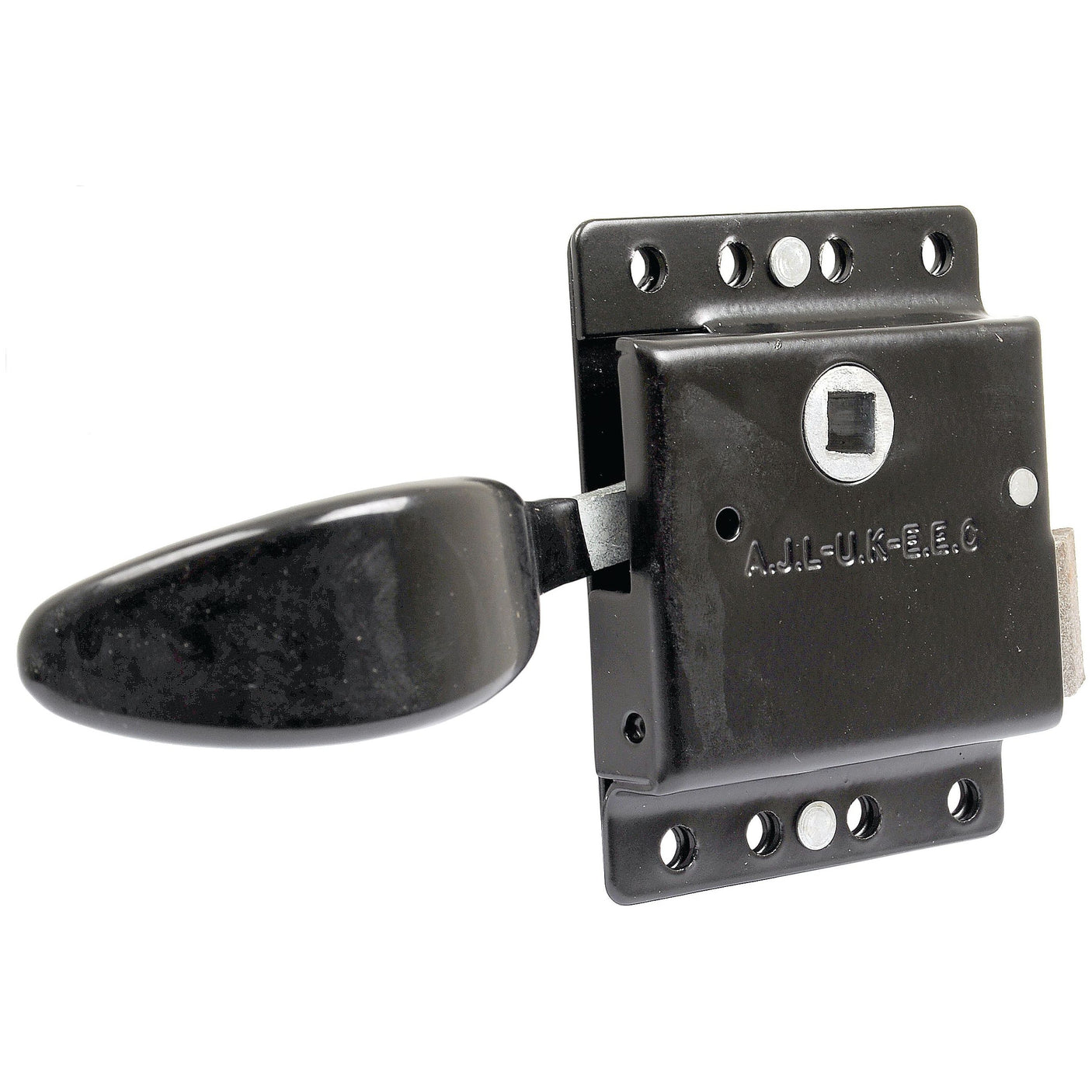 A black metal mortise lock with a rectangular body and rectangular handle, shown as the Inner Slam Lock LH | Sparex Part No.S.101569 from the brand Sparex, features multiple screw holes for mounting, ensuring secure installation.