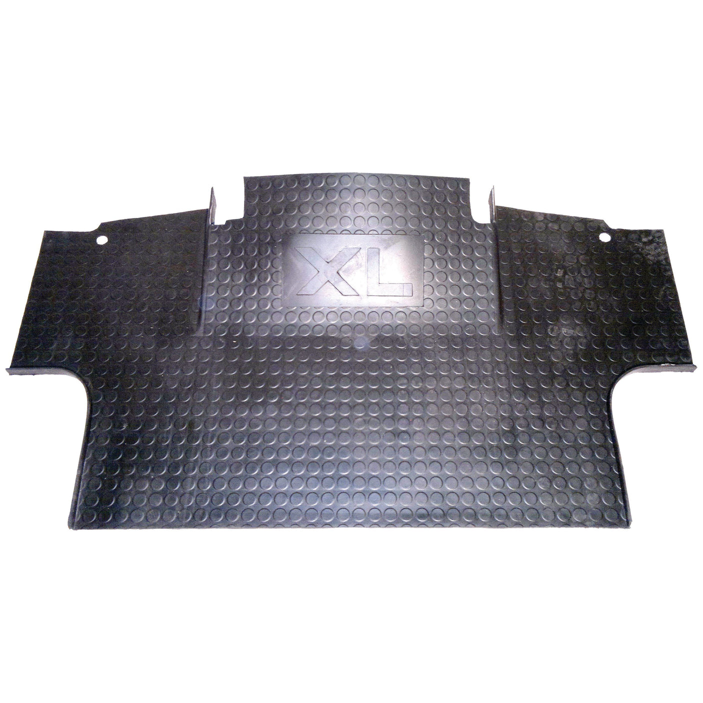 A rubber car floor mat in black, labeled "XL," featuring a textured surface with multiple cutouts and notches around the edges, designed for rugged durability similar to International Harvester equipment, is available as Floor Matting by Sparex (Part No. S.101589).