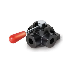 A black Hydraulic 3-Way Diverter Valve 3/4BSP - S.101602 by Sparex, featuring a red handle positioned horizontally, is shown against a plain white background with its 3 Port Diverter for optimal flow control.