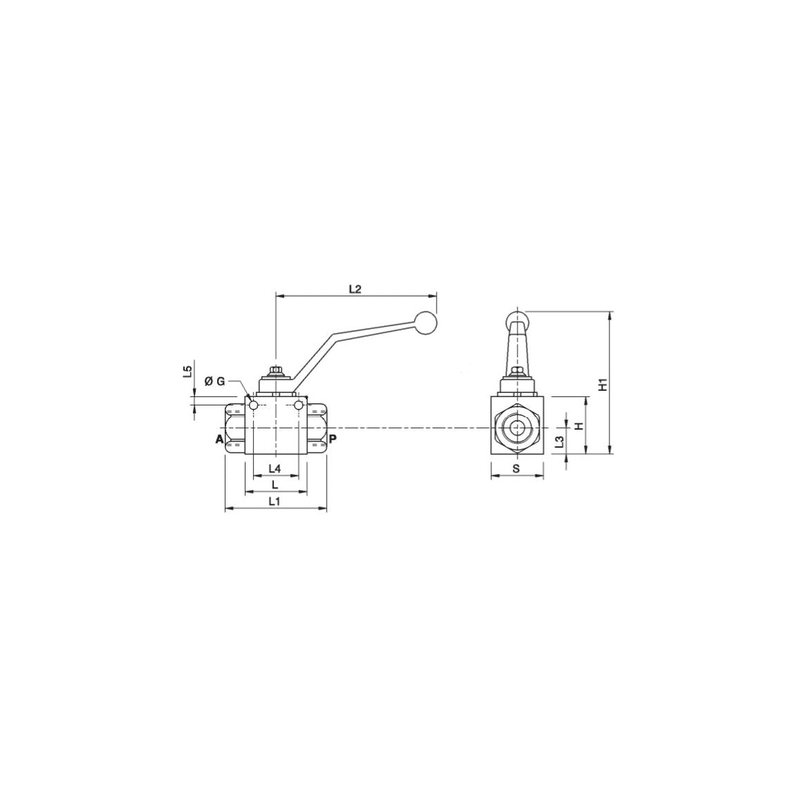 Technical drawing of a mechanical lever with dimensions labeled for various components, including lengths, widths, and heights, featuring a detailed view of the Sparex Hydraulic 2-Way Shut-off Ball Valve 1/4'' BSP - S.101607.