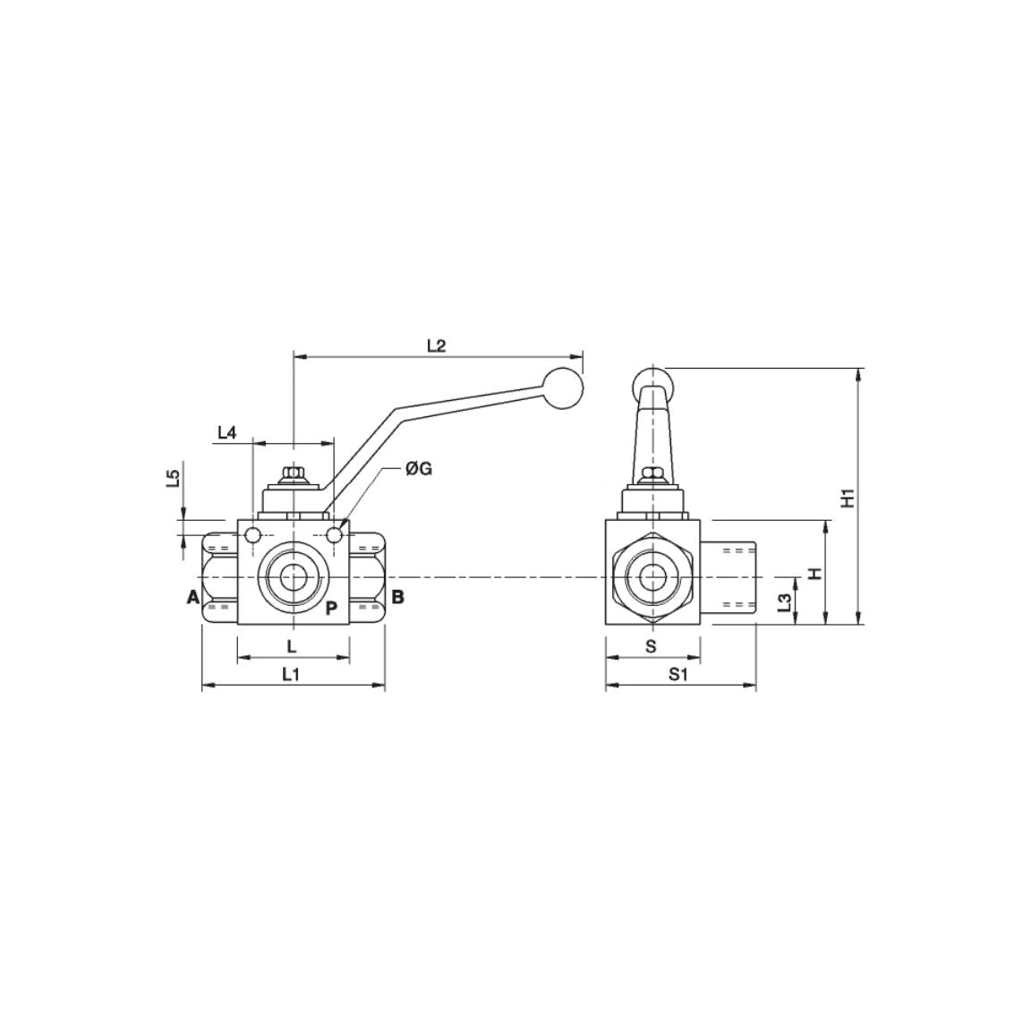 Technical drawing of a mechanical lever and valve assembly, featuring the Sparex Hydraulic 3-Way Diverter Ball Valve, 1/2'' BSP - S.101613. Front and side views are shown with labeled dimensions and max pressure bar specifications.