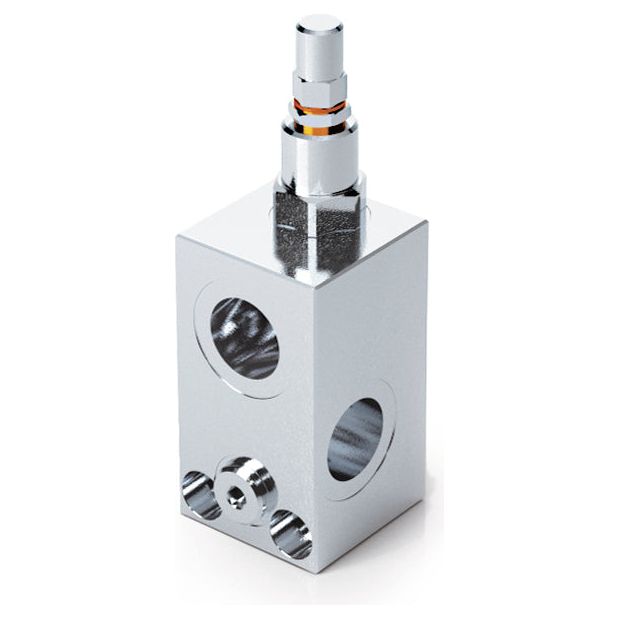 Sparex Hydraulic Relief Valve Direct Acting 3/8''BSP - S.101615, a metal industrial valve component with multiple openings and a central cylindrical connector, resting on a white background.
