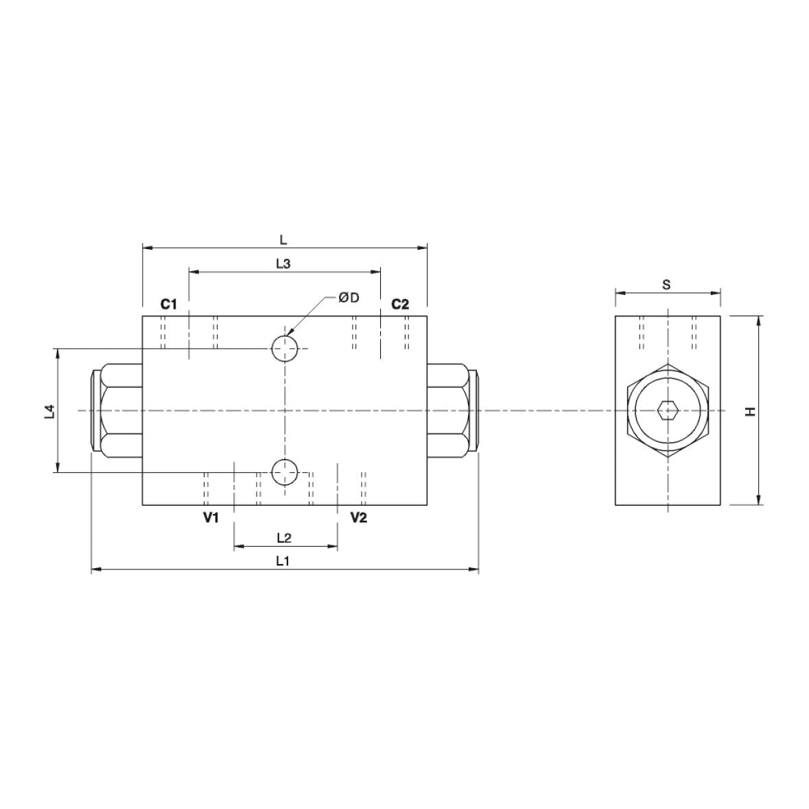 Technical drawing of a mechanical component, featuring side and top views with dimensions labeled: L1, L2, L3, L4, H, S, V1, V2, C1, C2, ØD. Includes a note on the 55 L/min flow rate for use with the Sparex Hydraulic Dual Pilot Check Valve Line Mounting 1/2BSP - S.101621 (Brand Name: Sparex).