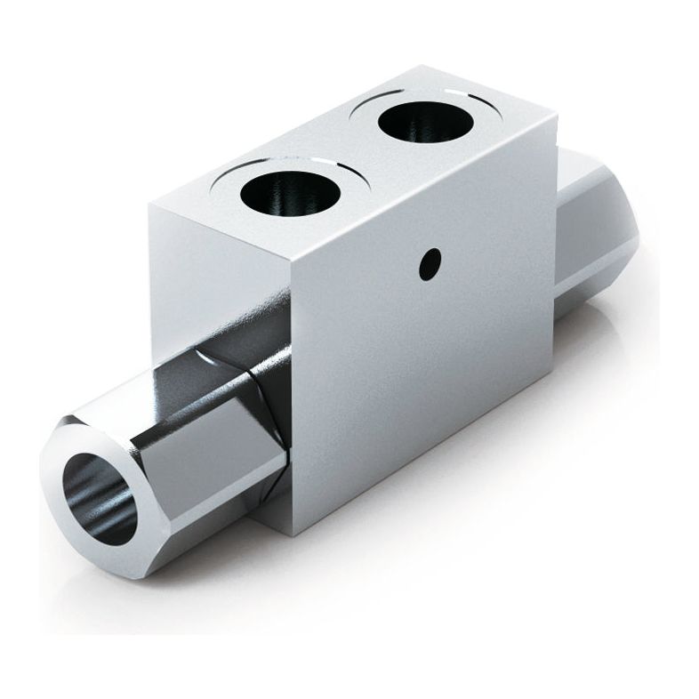 Introducing the Sparex Hydraulic Double Acting Check Valve 1/4" BSP - S.101622, a silver metal block designed with two cylindrical 1/4" ports on top and two threaded inlets on either end for maximum flow inlet efficiency.