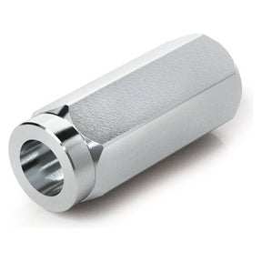 The Sparex Hydraulic In Line Check Valve 1/4''BSP - S.101636 is a silver, hexagonal metal coupling with a hollow, cylindrical center, featuring 1/4" ports for easy connection and an in-line check valve for efficient fluid control.