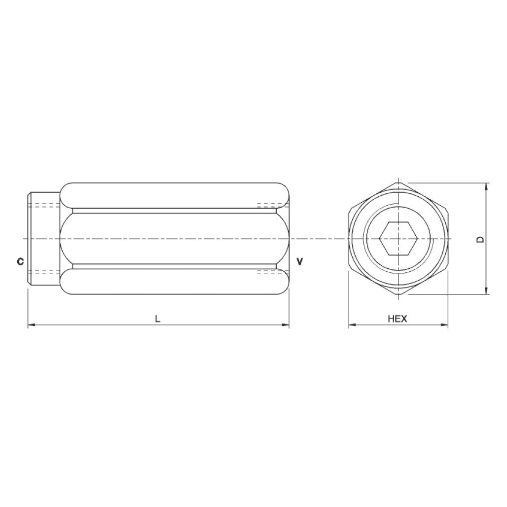 Technical drawing of the Hydraulic In Line Check Valve 1/4''BSP - S.101636 by Sparex, illustrating side and top views of an in-line cylindrical component with hexagonal ends. The dimensions L, C, V, D, and HEX are indicated. This check valve is equipped with 1/4" ports for precise connections.