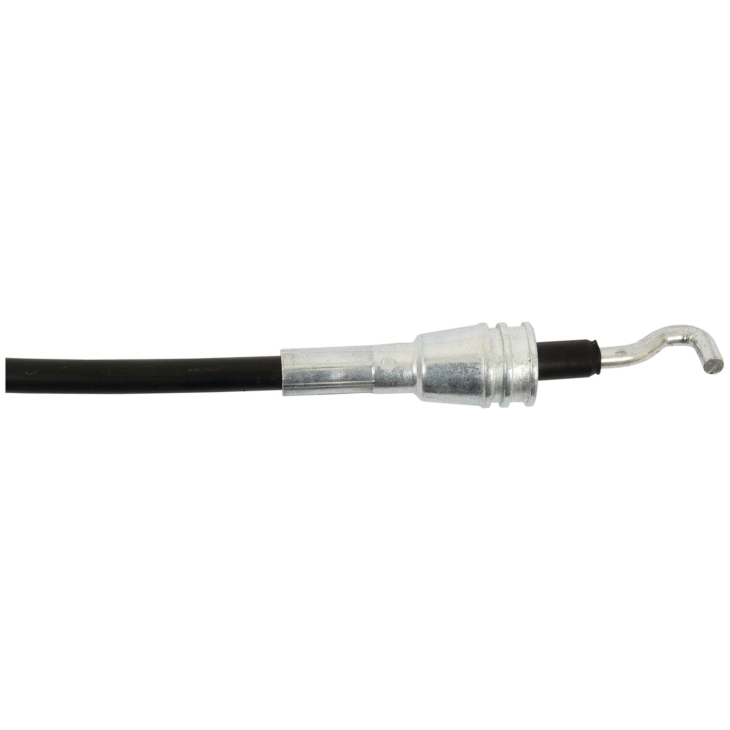 A close-up image of a Sparex Remote Control Cable - Morse Style 3M (Sparex Part No. S.101687) with a metal fitting at one end and a curved metal tip.