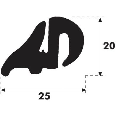 A black silhouette of the Glazing Rubber - S Type, measuring 25 units wide and 20 units tall, resembling Sparex components. The shape appears complex with curves and protrusions. (Sparex Part No.S.10170)