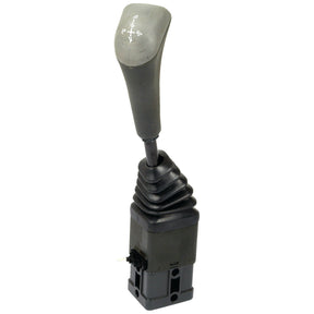 The Sparex - Remote Control Joystick (Sparex Part No. S.101721) with Morse Style and Central Lock is a black joystick featuring a curved handle, directional indicators on the top, mounted on a rectangular base with a coiled bellows cover.