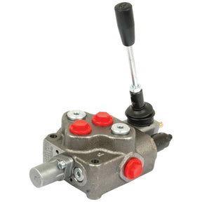 A robust log splitter valve with a lever handle from Sparex, model S.101727, featuring a metal body and various red and silver fittings, ideal for use in log splitters.