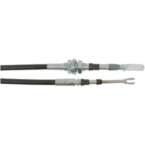 Two black control cables from Sparex, each featuring metal fittings and adjustment nuts. One cable is the Sparex Remote Control Cable with Clevis End for Joystick 1.5M (Sparex Part No.S.101729), ending in a clevis connector, while the other terminates in a loop connector. Ideal for use as Sparex Remote Control Cables or for integration into joystick systems.