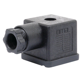 The Walvoil - Electric Hirschman Connector - 3 Pin (Sparex Part No. S.101733) features a black plastic body with a threaded nut on one end and a square-shaped design. The body includes a circular hole on top and indented lines on one side, offered by the brand Sparex.