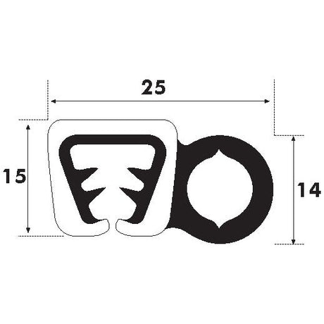 A technical drawing of a Draught Excluder, 1M (Sparex Part No. S.10177) with dimensions: 25 units wide, 15 units tall on the left side, and 14 units tall on the right side. The design features a circular shape and complex form, making it ideal for Ford/New Holland applications.