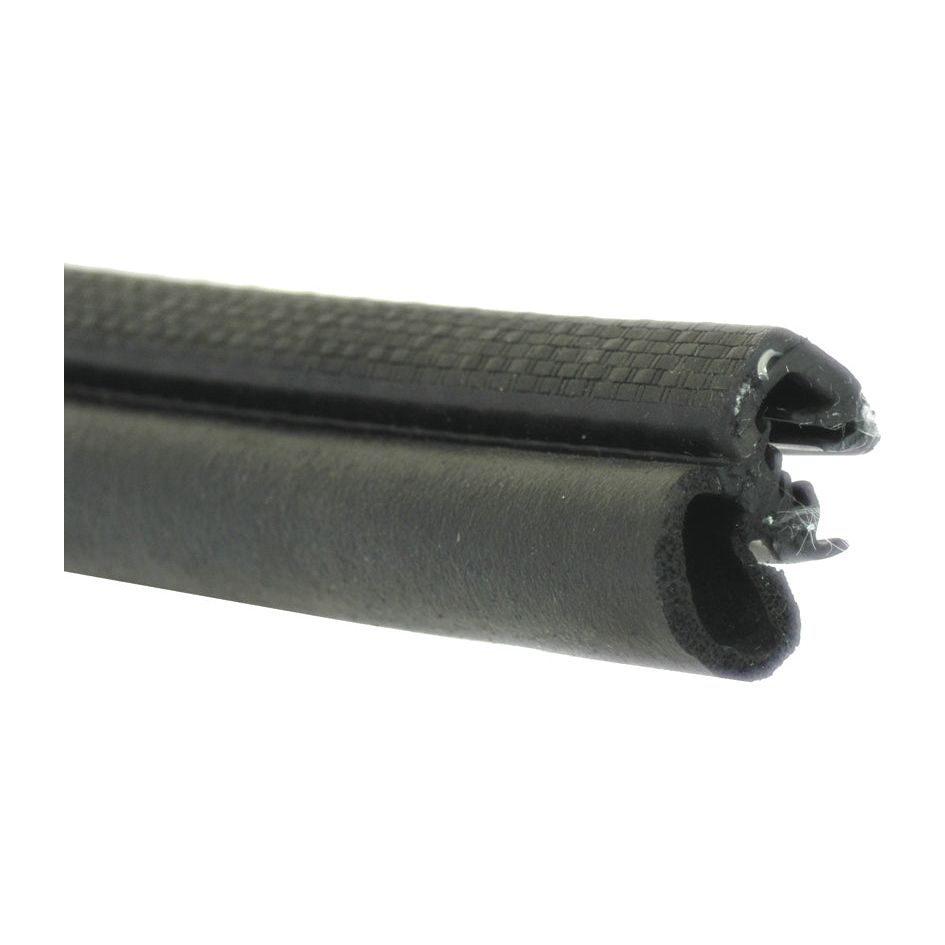 Close-up of the Draught Excluder, 1M | Sparex Part No.S.10177 by Sparex, showcasing its black rubber U-shaped cross-section with metal reinforcement inside, making it an ideal draught excluder for Ford/New Holland machinery.