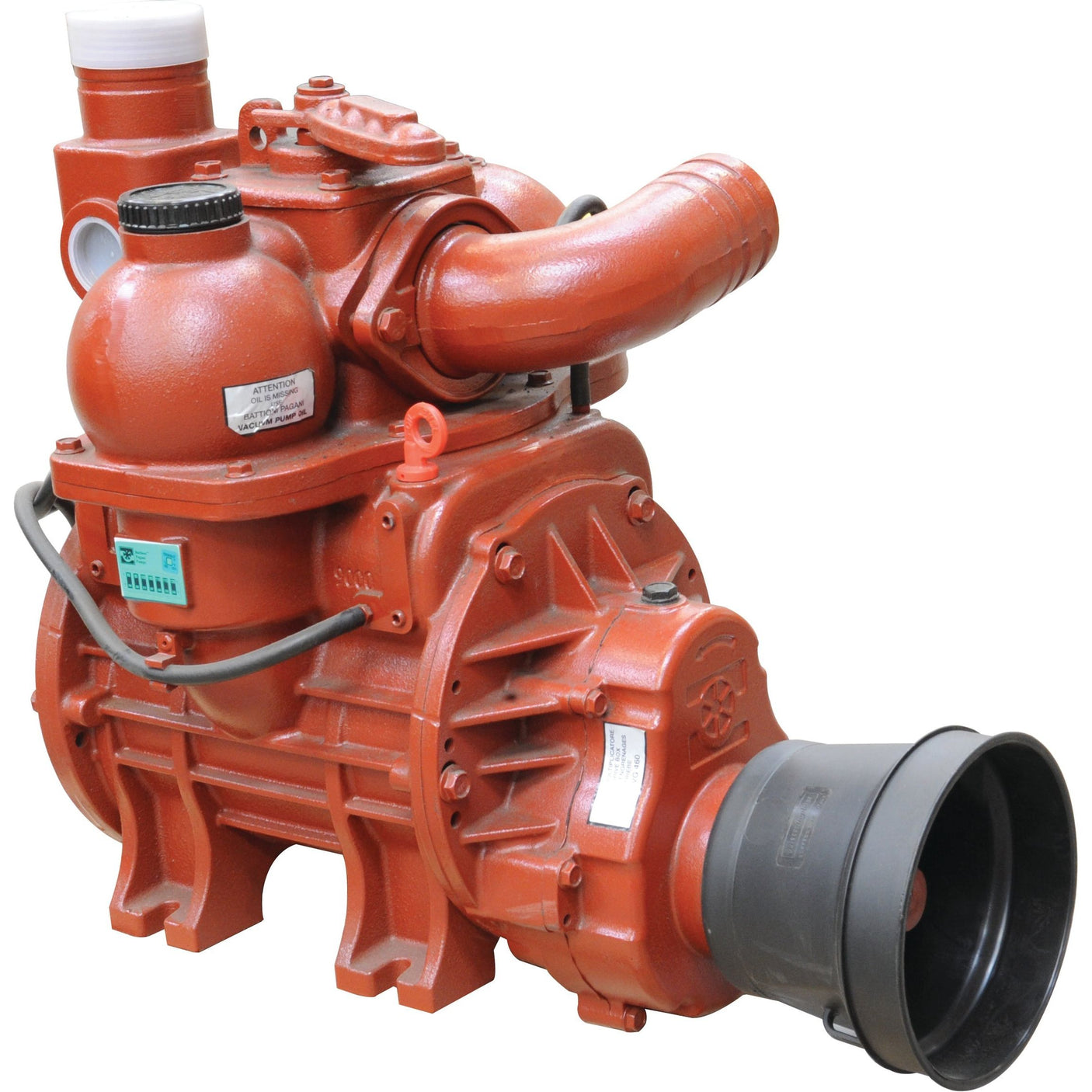 The Sparex Vacuum Pump - MEC9000M, designed for heavy-duty mechanical applications, features multiple components including a large cylindrical inlet and outlet, gauges, and connecting wires. This unit operates at 540 RPM PTO driven speed.