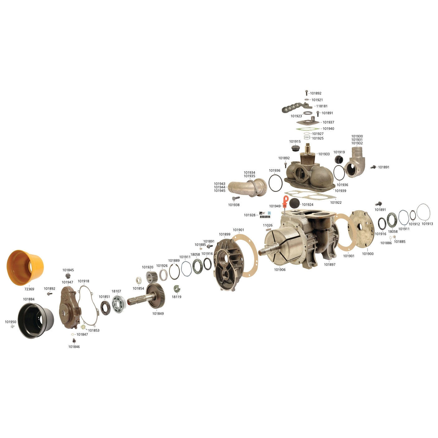 Exploded view diagram showing the components of a Sparex Vacuum Pump MEC11000M (Product Code: S.101804), each part labeled with identifiers. Parts include gears, valves, O-rings, and couplings. The system is PTO driven at 540 RPM and features manual lubrication for optimal performance.