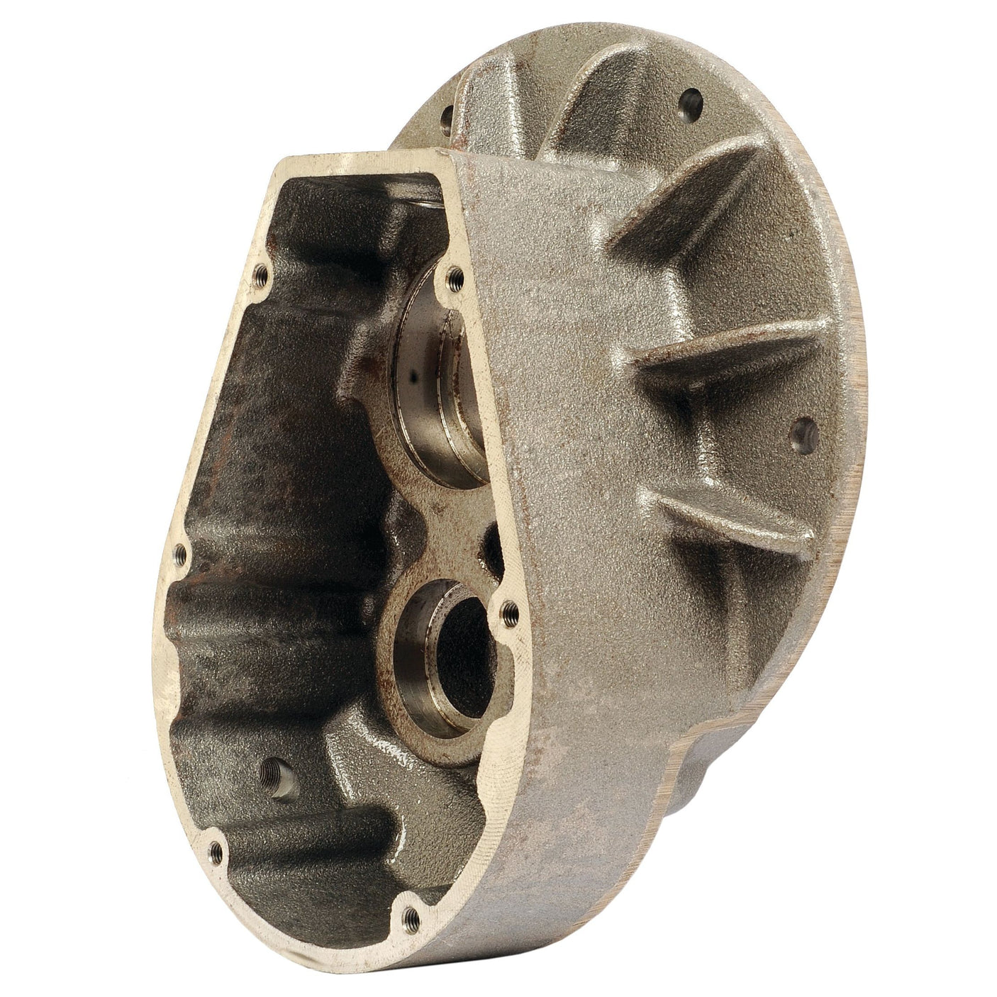 Close-up of a metallic gearbox housing with visible cylindrical openings and a textured surface. The Sparex Gearbox, compatible with Battioni Pagani Mec vacuum pumps (4010301003 | Sparex Part No. S.101827), features a flanged edge with mounting holes.