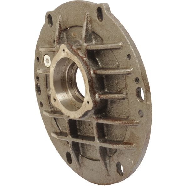 The Sparex Front Flange, designed for Battioni Pagani vacuum pumps (Sparex Part No. S.101828), is a metal automotive part that features a circular center hole, multiple bolt holes around the edge, and a series of reinforced ridges.