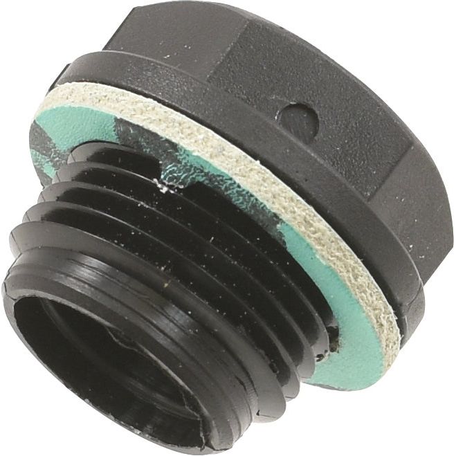 Close-up of a black metal threaded plug with a green and white sealing ring, ideal for Battioni vacuum pumps as a 3/8'' accessory. This is the Sparex Oil Plug (part number S.101845), compatible with 5060605001.