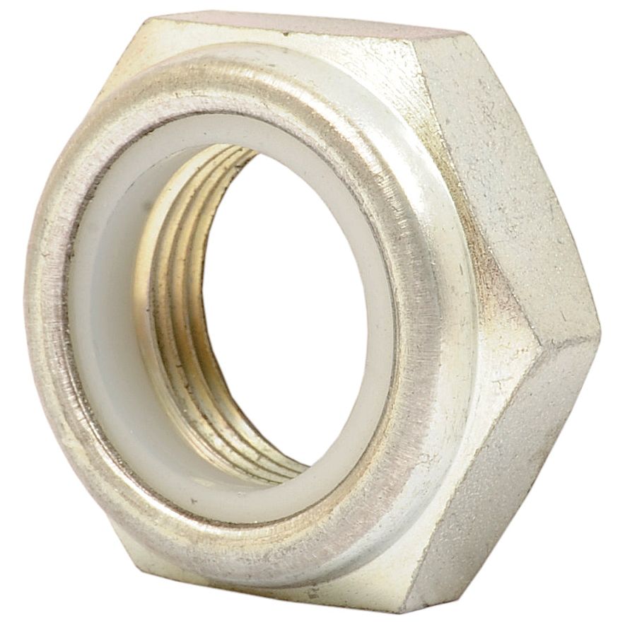 A hexagonal metal lock nut with an M27 x 2mm thread and a white plastic insert, compatible with the Mec vacuum pump, is available under the product name "Lock Nut - M27 x 2mm" (Sparex Part No. S.101855) from the Sparex brand.