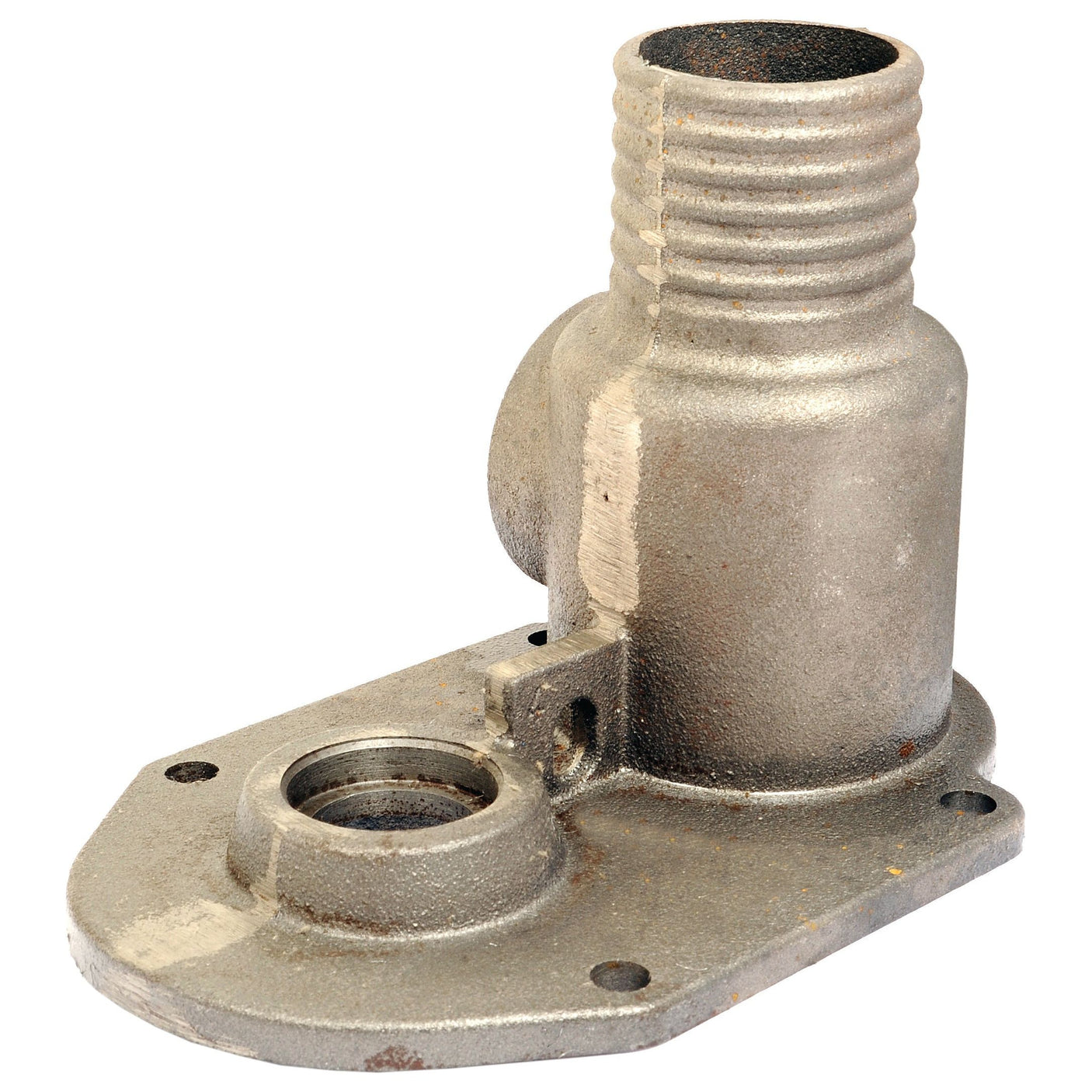 The Sparex Manifold Cover (Sparex Part No. S.101873, fitting as 4010601076) is a metallic, irregularly-shaped industrial part with a threaded cylindrical extension and a flat base featuring drilled holes, suitable for Battioni MEC5000 vacuum pumps.