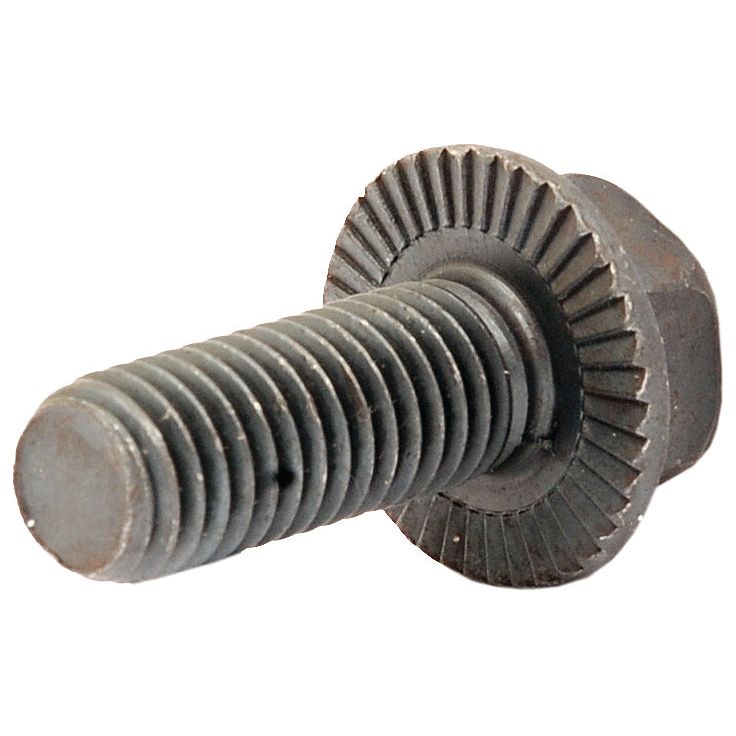 A close-up image of a dark-colored, threaded Sparex Screw - M10 x 25mm (Bag of 5) with a serrated flange under the head, perfect for use in Battioni Pagani Pomp systems like Mec5000 to Mec13500.