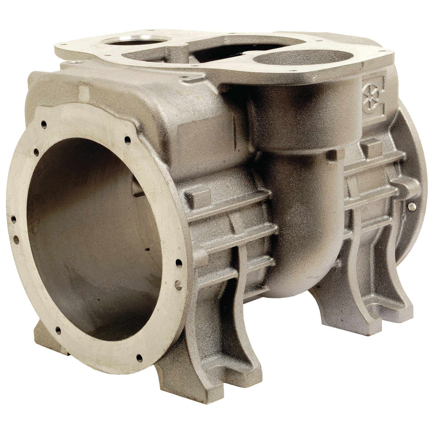 A metallic industrial pump housing with multiple openings and a cylindrical chamber, specifically designed for the Mec11000 vacuum pumps to contain critical pump components, available under the name "Vacuum Pump Housing To fit as: 4010101086" from Sparex (Sparex Part No.S.101897).