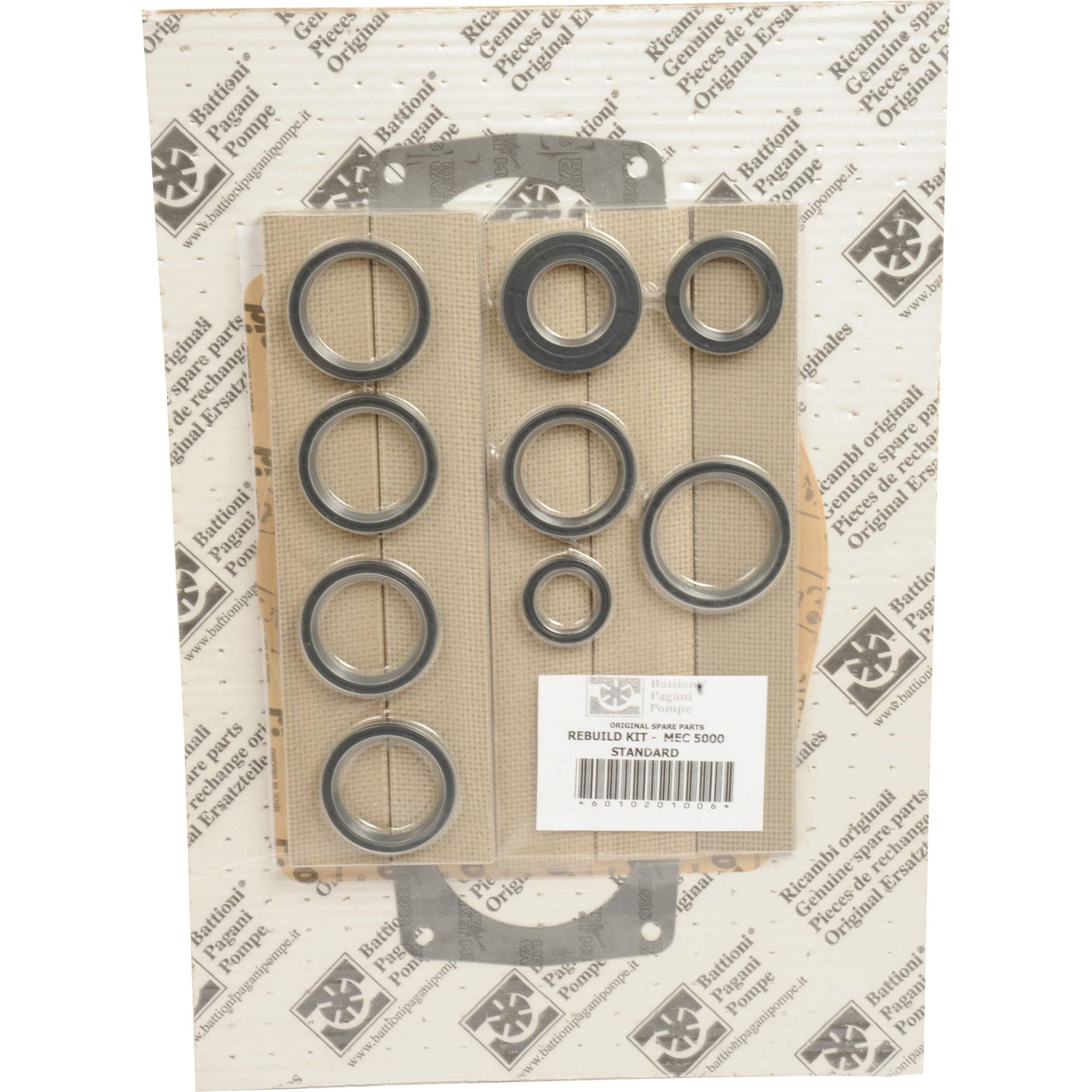 Standard rebuild kit for the MEC5000 vacuum pumps, featuring multiple circular seals and Battioni gaskets. Packaged with repeating logos and text associated with the Sparex brand. To fit as: 6010201006 | Sparex Part No.S.101962.