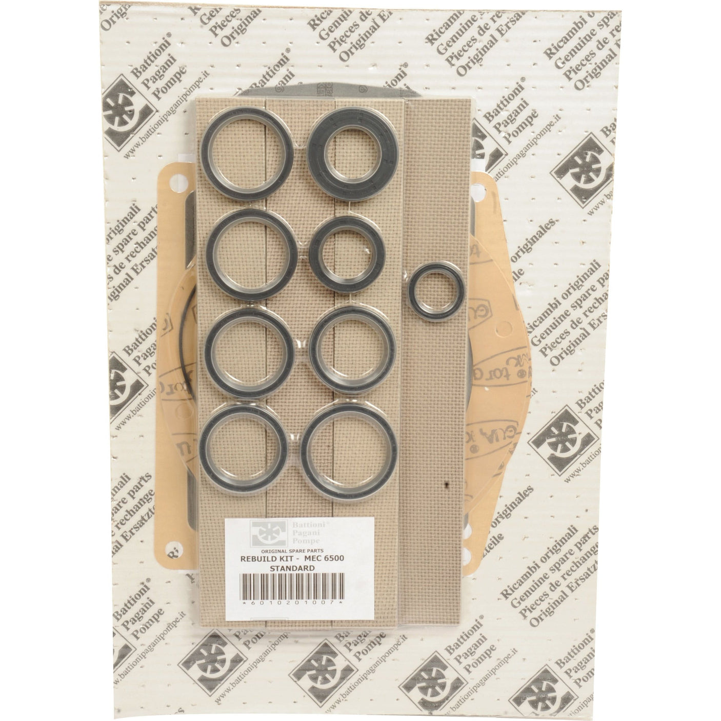 A Standard Rebuild Kit for an MEC 6500 vacuum pump, designed to fit as 6010201007 (Sparex Part No. S.101964), including multiple rings and gaskets, packaged on a board with a background printed with patterns and logos from Sparex.