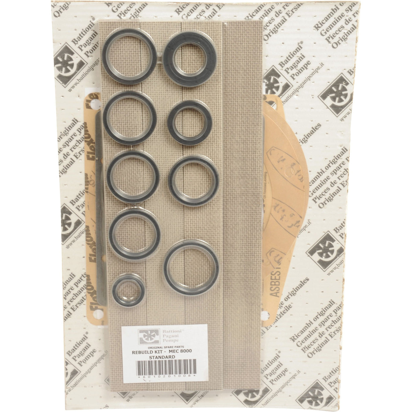 The Sparex Standard Rebuild Kit (6010201008 | S.101966) is displayed, featuring multiple rubber O-rings in various sizes and two gaskets, all arranged on a branded paper backing. This kit is ideal for use with Battioni vacuum pumps, specifically the MEC8000 series.