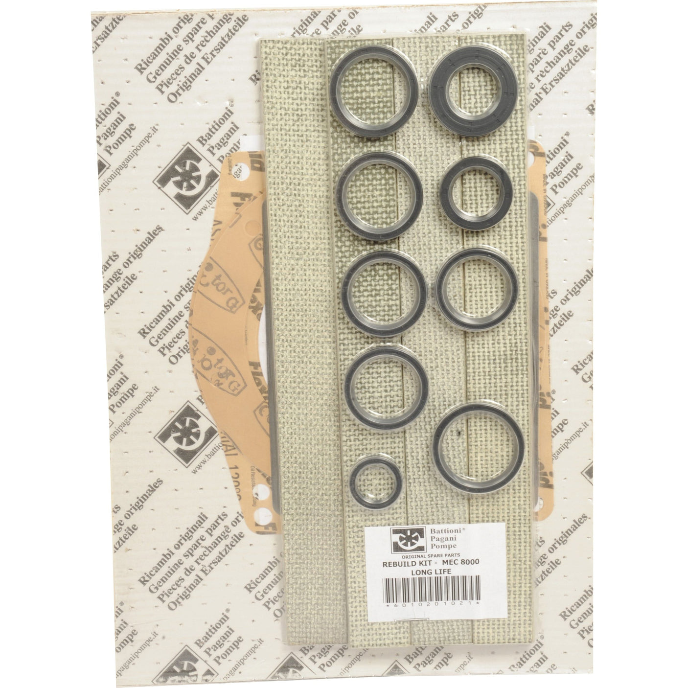 A packaging featuring multiple circular gaskets with the label "Long Life Rebuild Kit To fit as: 6010201021 | Sparex Part No.S.101967" by Sparex, designed for the MEC8000 series of Battioni Pagani Pomp vacuum pump gaskets.