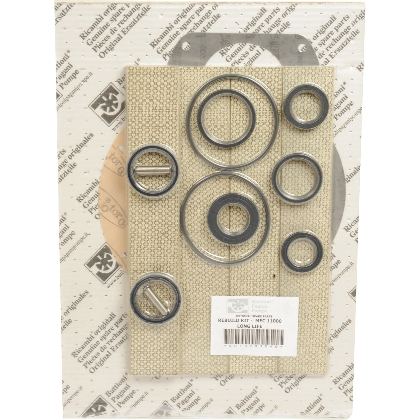 A packaged set of various-sized metal rings and a tan woven strip, placed on a branded Sparex paper background. The packaging includes a white label with text, labeled as the Long Life Rebuild Kit to fit 6010201046 | Sparex Part No.S.101969.