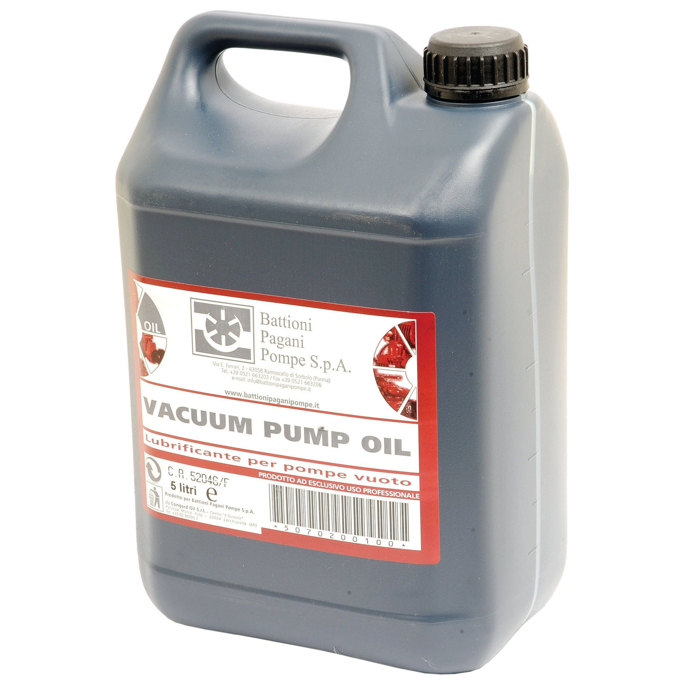 A gray container labeled "5ltr Battioni Oil," made by Sparex (Part No. S.101971), with a volume of 5 liters, ideal for maintaining Battioni vacuum pumps.