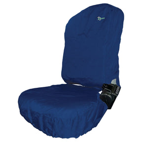 The Sparex Passenger Seat Cover - Tractor & Plant, featuring a dark blue fabric and an attached seat belt lock mechanism, is displayed. The cover, designed for universal fit under Part No.S.102089, is shown fitted to a generic passenger seat.