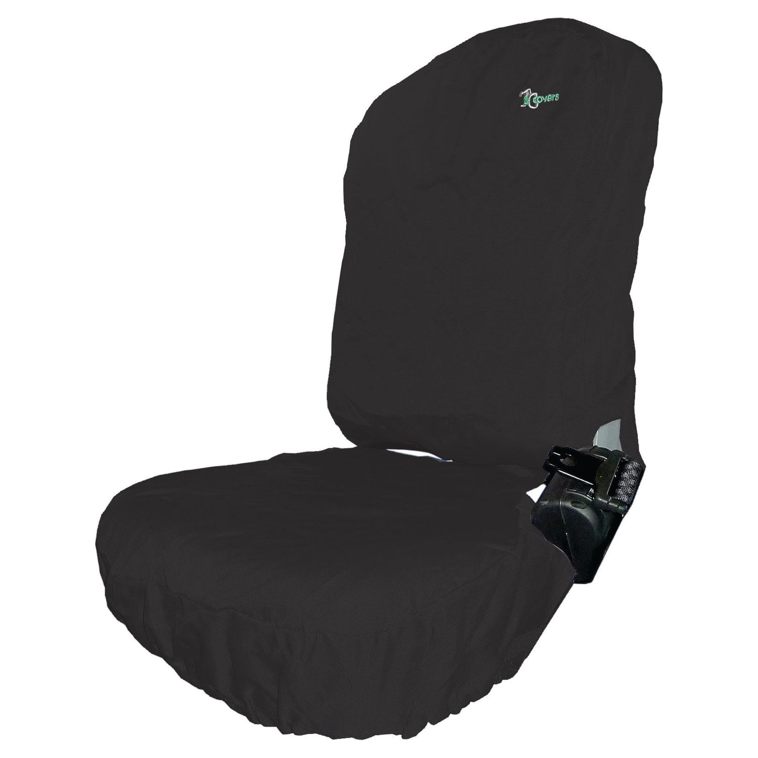 The Sparex Passenger Seat Cover – Tractor & Plant - Universal Fit (Sparex Part No. S.102112) is a black, waterproof cover with an attached armrest, displayed against a white background. It features a small green logo near the top center and is suitable for both cars and tractors' passenger seats.