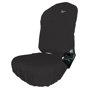 The Sparex Passenger Seat Cover – Tractor & Plant - Universal Fit (Sparex Part No. S.102112) is a black, waterproof cover with an attached armrest, displayed against a white background. It features a small green logo near the top center and is suitable for both cars and tractors' passenger seats.