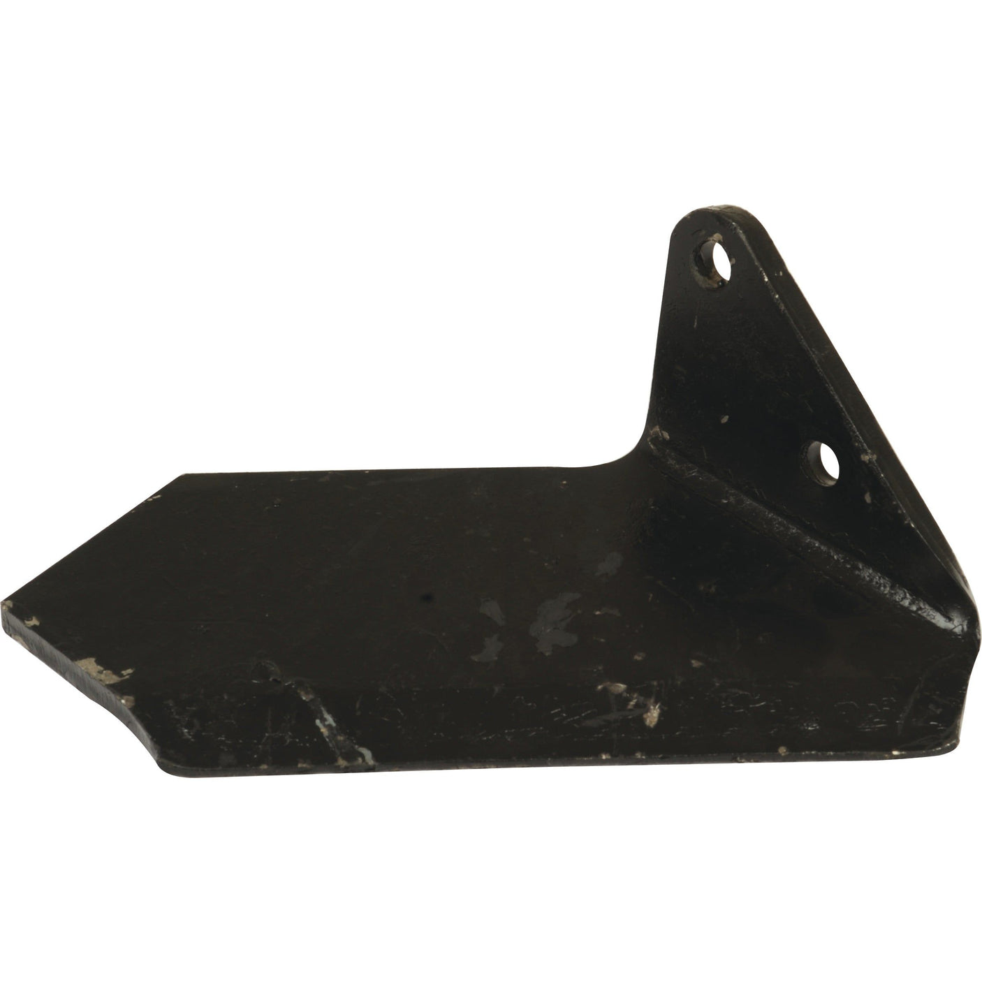 A black metal bracket with two holes and a pointed end, perfect for mounting or structural support, ideal as a replacement part for Horsch TIGER or Horsch TERRANO equipment. This versatile piece is the Cultivator Share RH, designed to fit as 34060857 and available under Sparex Part No. S.102532 from the reliable brand Sparex.