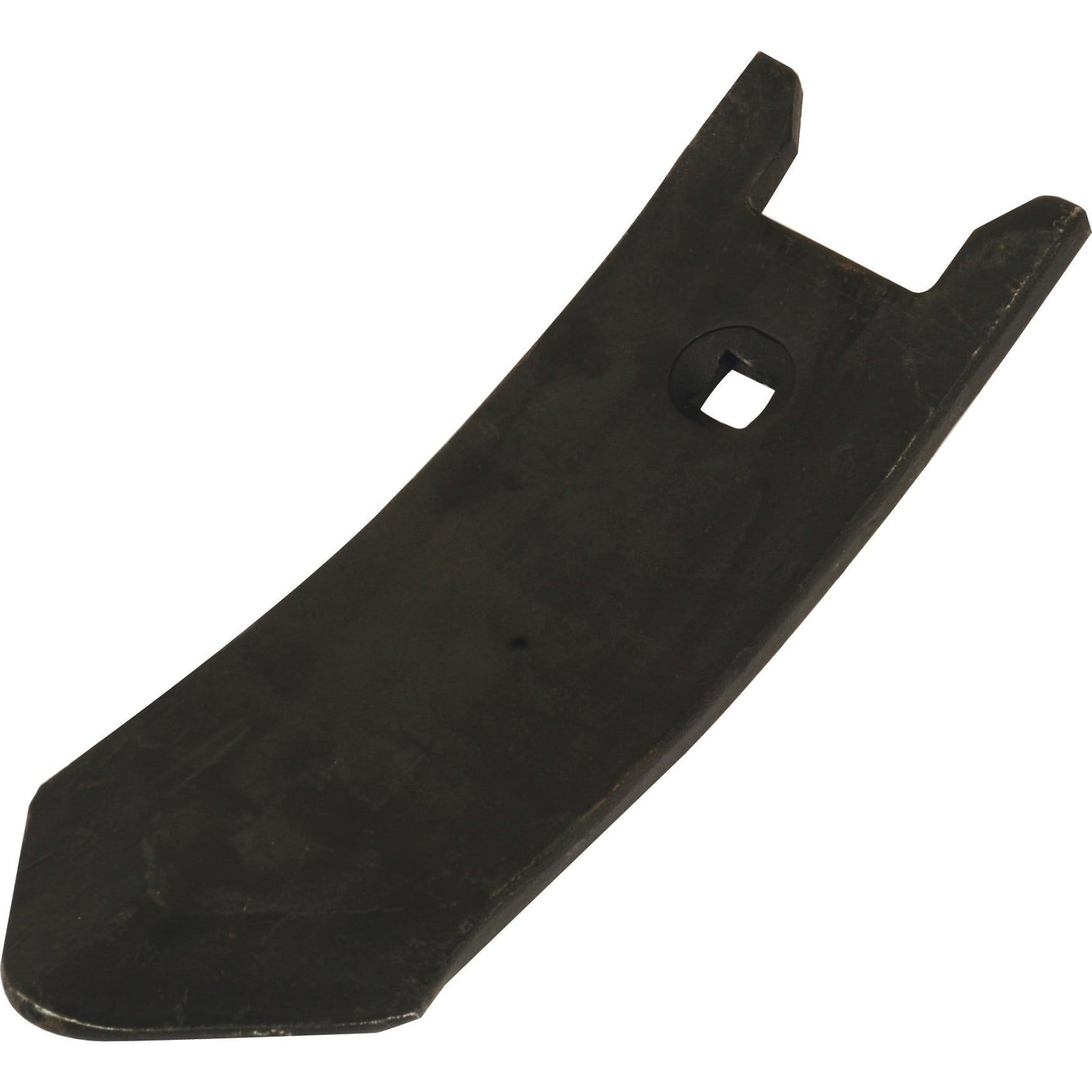 Image of a Sparex Point 280x85x12mm (Sparex Part No.S.102534), a black metal curved tool featuring a rectangular notch near one end and a pointed tip at the other, ideal for use with Horsch TERRANO equipment.