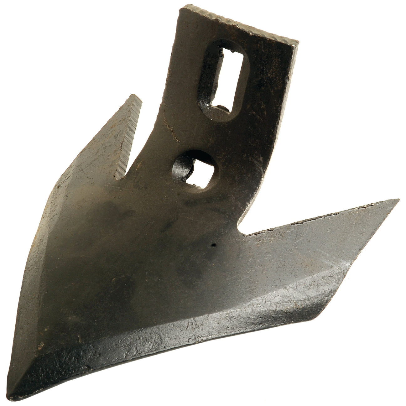 A black, metal 7" Duckfoot Point attachment by Sparex, replacement for Simba (Part No. P01583), features two rectangular holes and serrated edges (Sparex Part No.S.102537).